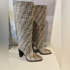 Fendi Women's Monogram Beige and Brown Heeled Boots